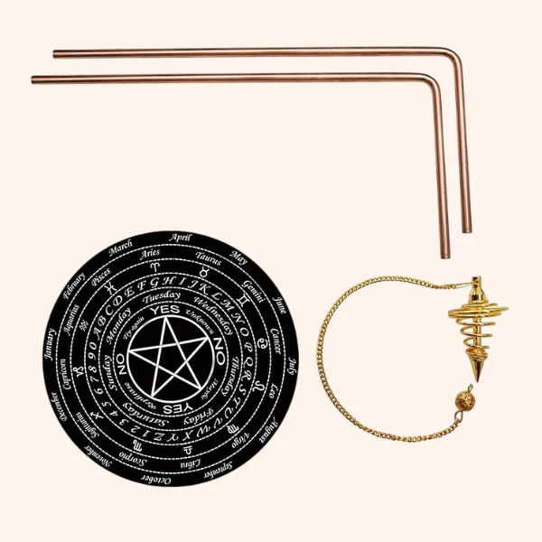 COPPER DOWSIG L ROD PAIR 5MM SET OF BOARD AND PENDULAM ASORTED