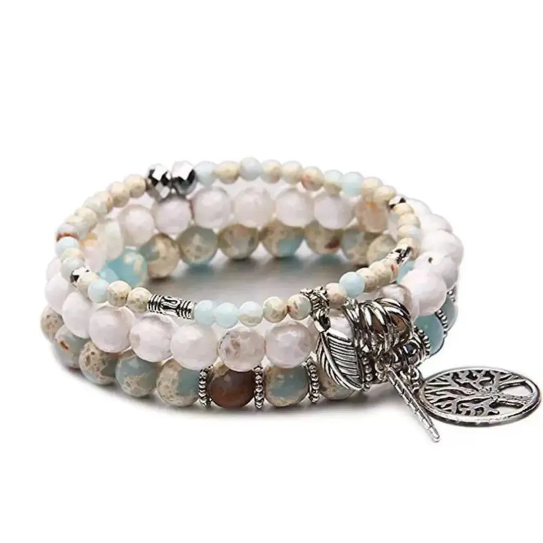 Tree of Life Shouhan & Tibetan White Agate Bracelet | Beach Charm Bracelet Set
